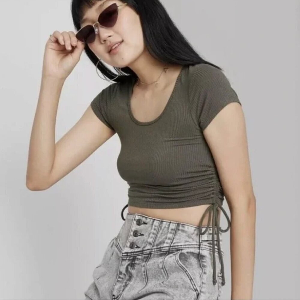 Wild Fable Green Ribbed Tie Side Crop Fitted T-Shirt Size Small